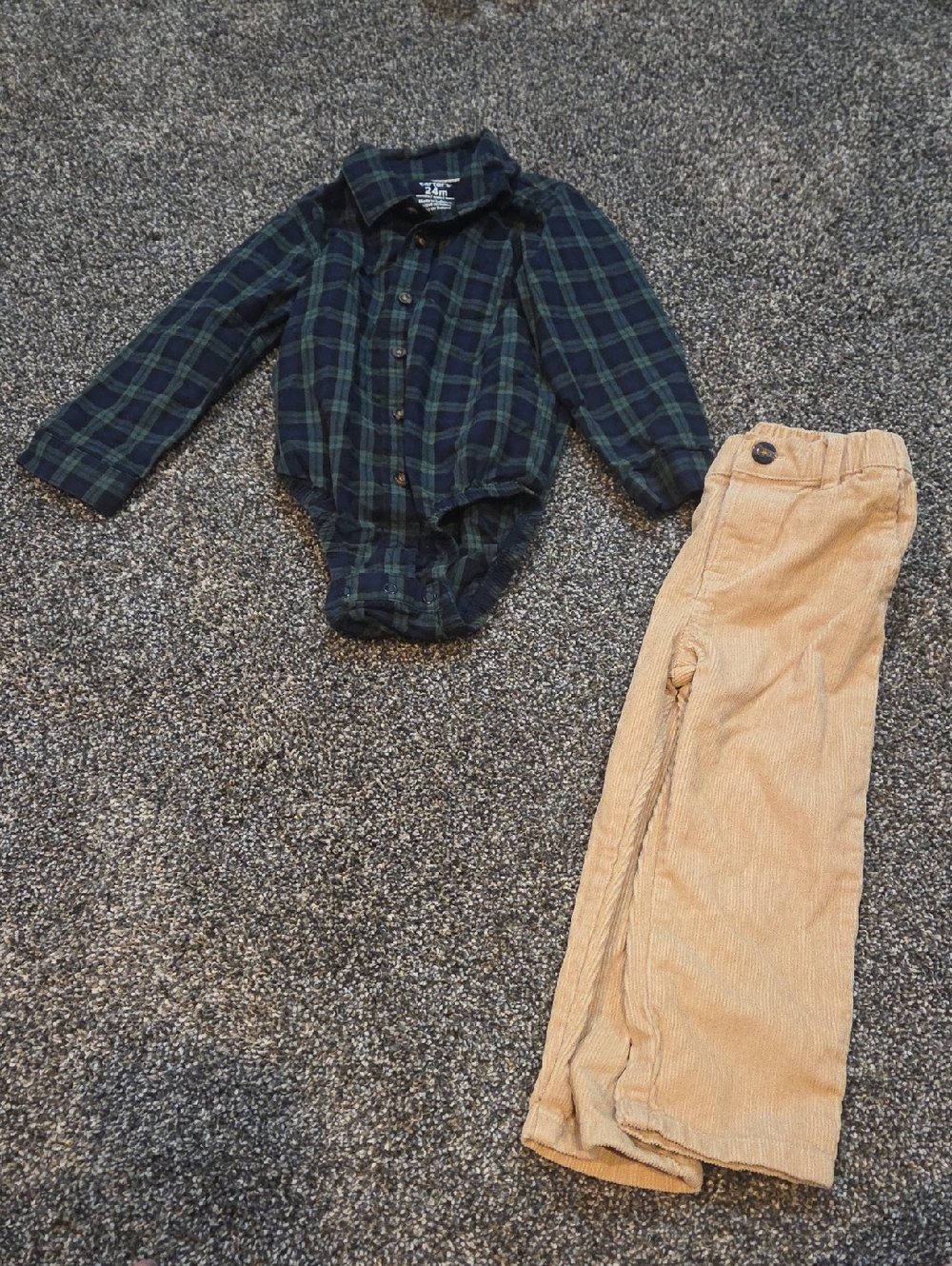 Carter's Navy & Green Plaid Bodysuit with Tan Corduroy Pants